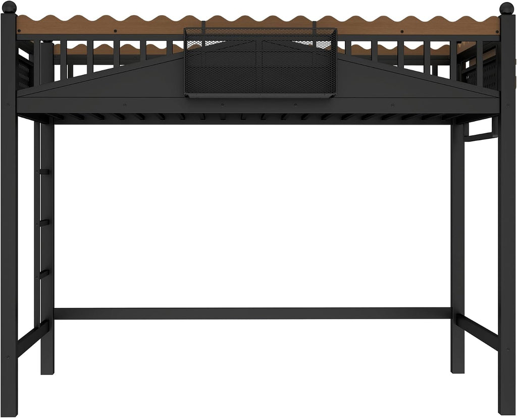 JIVOIT Metal Loft Bed with Built-in Storage Shelves and Bookshelf, Twin XL Size Metal Loft Bed with Safe Ladder & Guardrail, Space-Saving Loft Bed, No Box Spring Needed and Chic Design