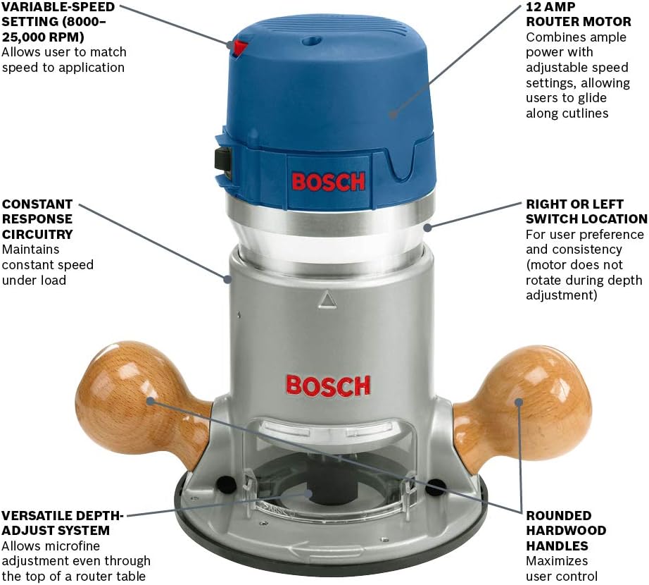 BOSCH 1617EVS 2.25 HP Electronic Fixed-Base Router and RA1171 25-1/2 in. x 15-7/8 in. Benchtop Laminated MDF Top Cabinet Style Router Table Bundle