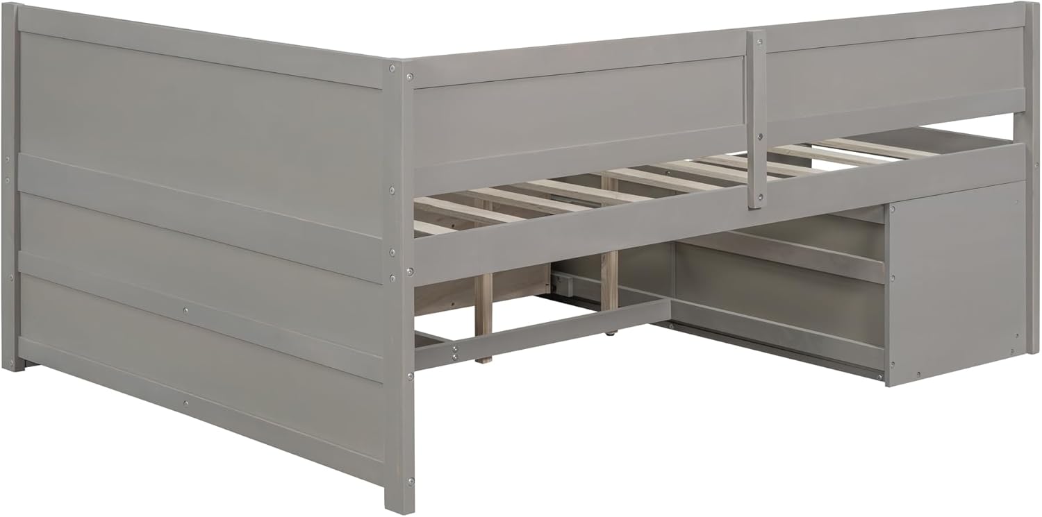 Full Size Daybed with 4 Pull-Out Drawers and 3 Functioning Shelves,Solid Wood Day Bed Frame with Wooden Slats Support for Bedroom,No Box Spring Required (Gray-AB41)