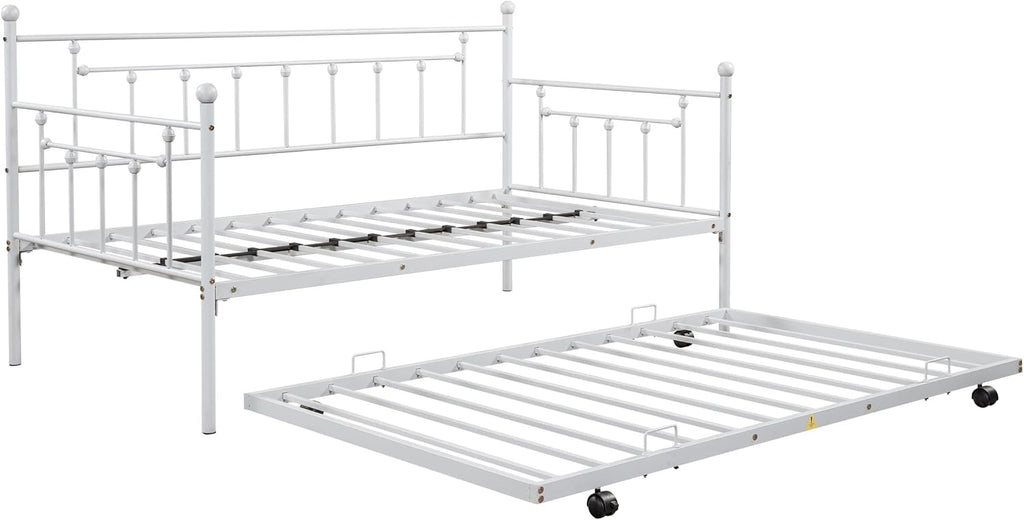Metal Bed Twin XL, Bed with Trundle Light Grey Metal Bohemian Sofa Bed with Slats Daybed for Teen Adult Bedroom Living Room
