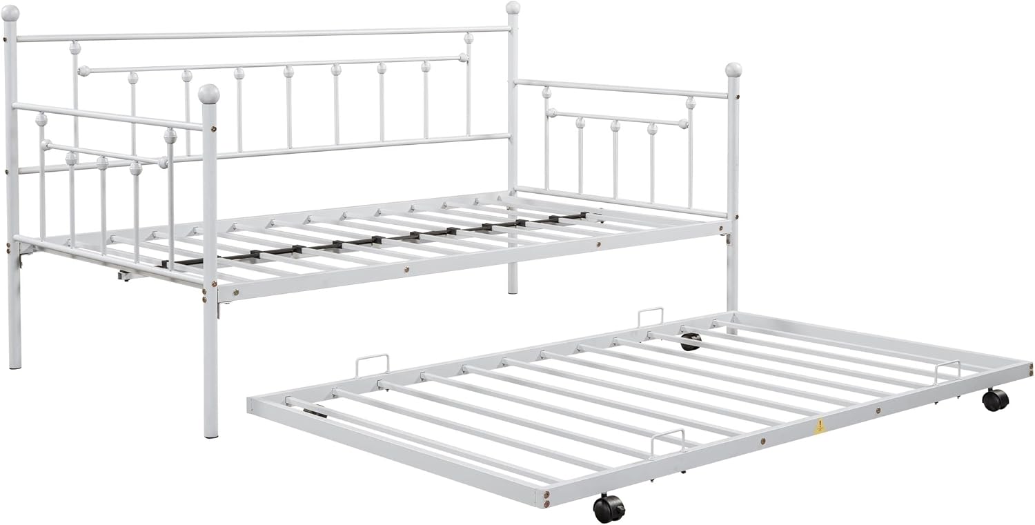 Metal Bed Twin XL, Bed with Trundle Light Grey Metal Bohemian Sofa Bed with Slats Daybed for Teen Adult Bedroom Living Room