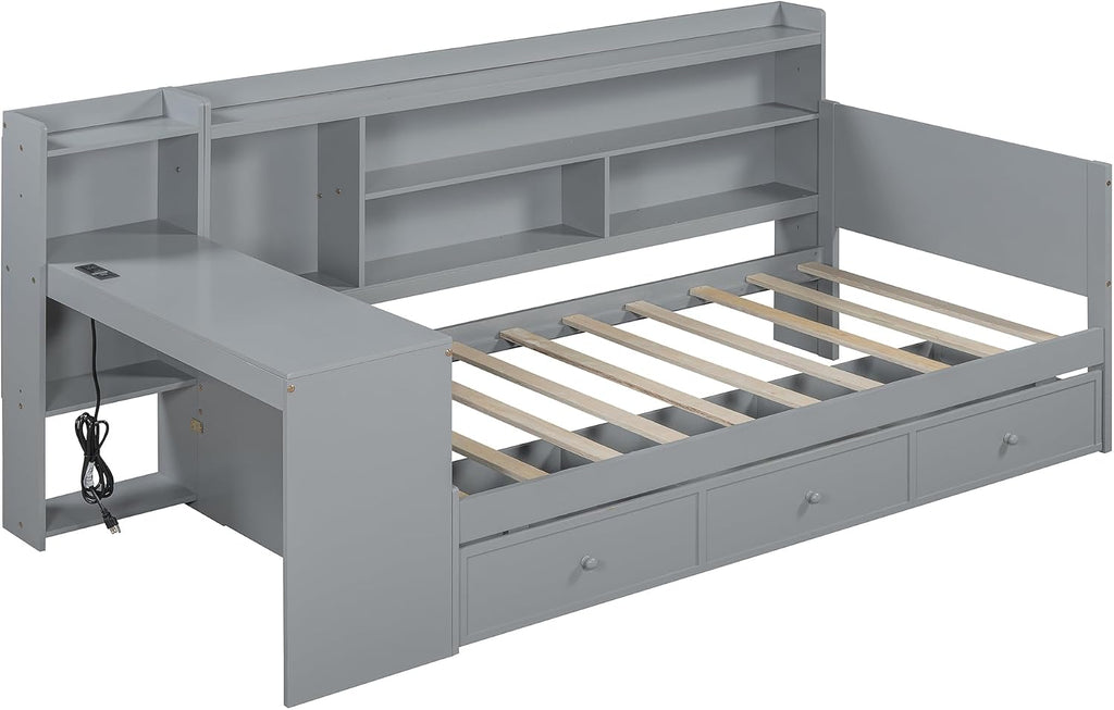 Twin Size Daybed with Storage Shelves and Study Desk, Wooden Daybed Sofa Bed Frame with 3 Drawers and USB Ports for Office Living Room Bedroom, Maximize Space (Gray-23U)