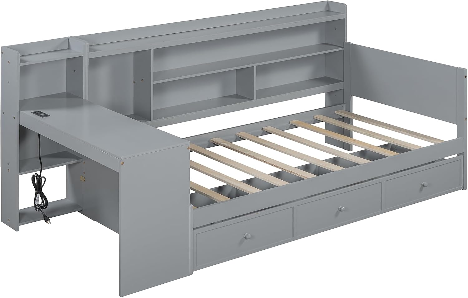 Twin Size Daybed with Storage Shelves and Study Desk, Wooden Daybed Sofa Bed Frame with 3 Drawers and USB Ports for Office Living Room Bedroom, Maximize Space (Gray-23U)