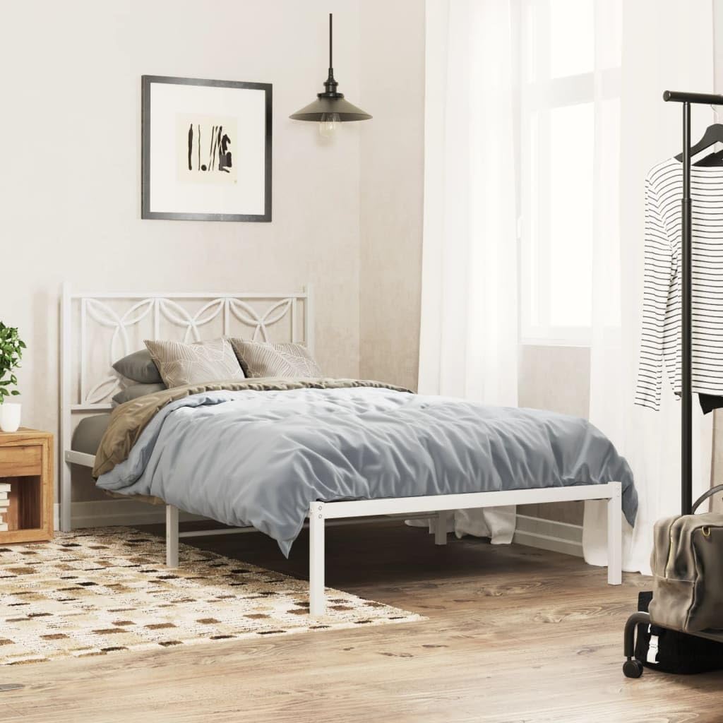 Twin Size Metal Bed Frame with Headboard White Sturdy Steel Platform Bedframe Underbed Storage Space 39.4'x78.7' for Bedroom Guest Room