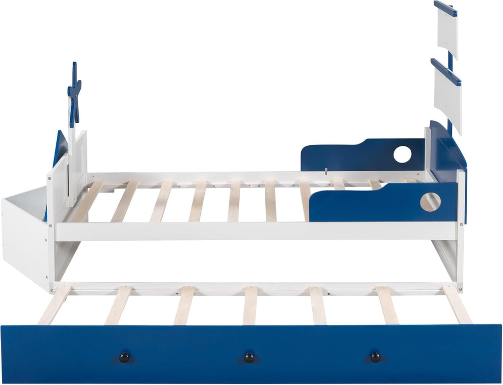 Generic 3 s Bedroom Sets,Twin Size Boat Shaped Platform Bed with Trundle and Two Nightstands,White+Blue, As title