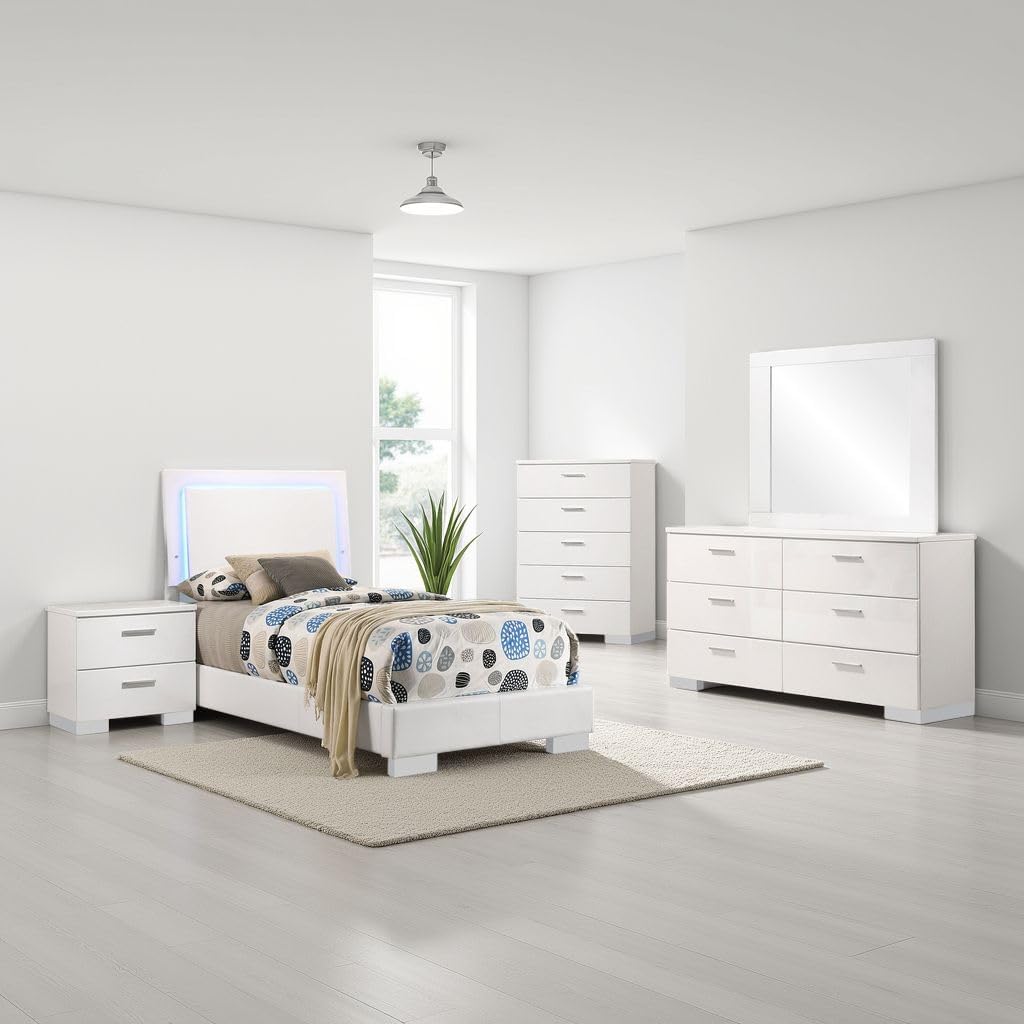 Benzara Sok 5pc Twin Bedroom Set with Blue LED Lights, White High Gloss Wood