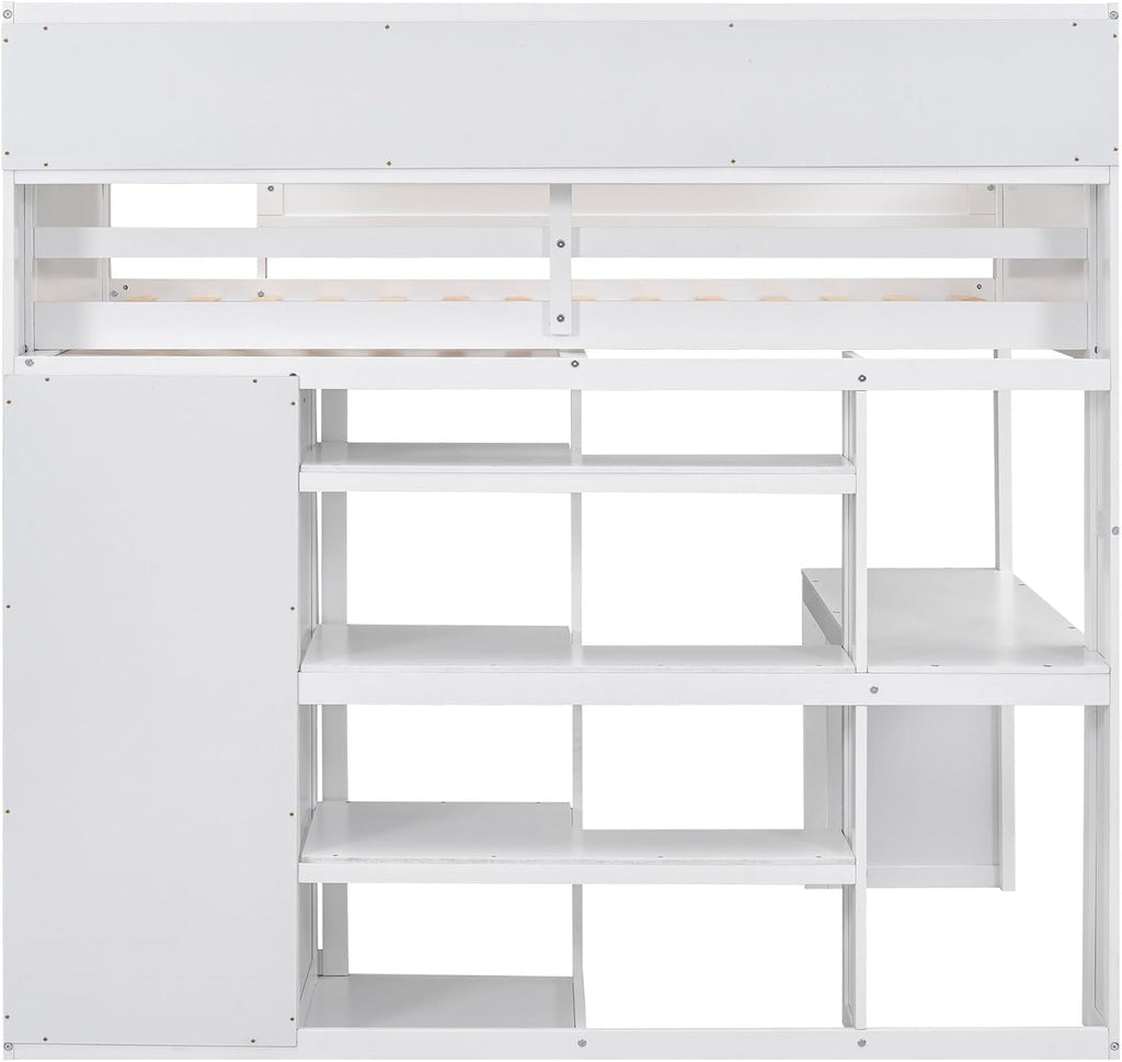 Wood Twin Size Loft Bed with Multiple Built-in Desk,Storage Shelves and Wardrobe,for Kids Boys Girls Teens Adults Bedroom (White@Cabinet, Twin)