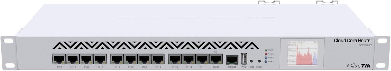Mikrotik CCR1016-12G 12 Gigabit Ethernet Ports Industrial Grade Cloud Core Router with 16 core CPU Plus 2GB RAM and Touchscreen LCD