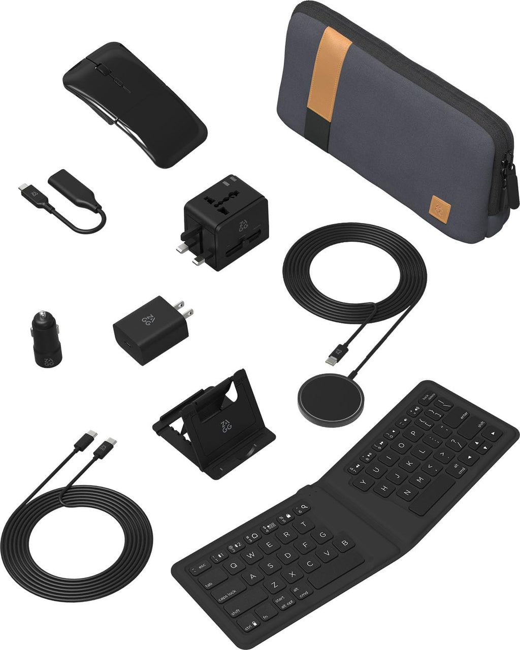 ZAGG Desktop Essentials Travel Kit for iPad, Tablets & Phones – Bluetooth Keyboard, Mouse, Qi Wireless Charger, HDMI & International Power Adapters in Compact Carrying Case