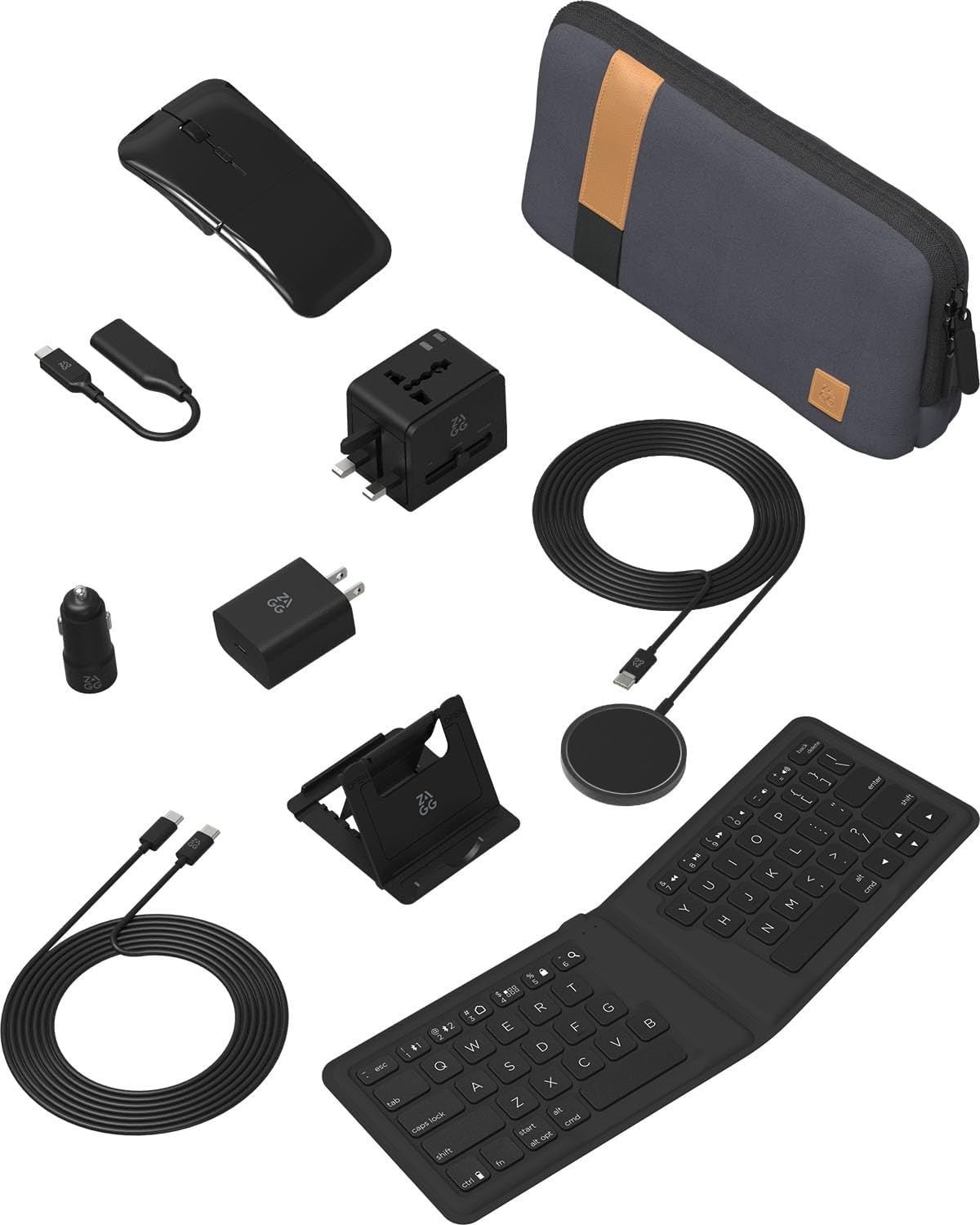ZAGG Desktop Essentials Travel Kit for iPad, Tablets & Phones – Bluetooth Keyboard, Mouse, Qi Wireless Charger, HDMI & International Power Adapters in Compact Carrying Case