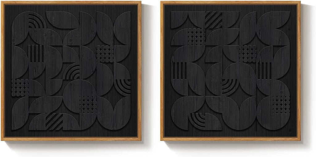 Framed Black Wood Wall Art for Living Room, Set of 2 Large Textured Geometric Abstract Artwork for Walls, Modern Minimalist Wooden Wall Decor for Dinning Room, Hallway, Office, Bedroom, 24x24 Inch