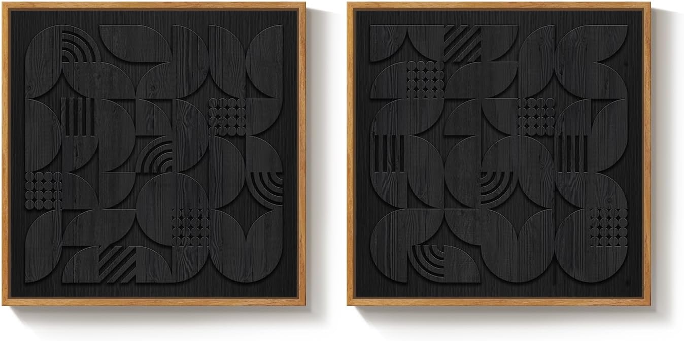Framed Black Wood Wall Art for Living Room, Set of 2 Large Textured Geometric Abstract Artwork for Walls, Modern Minimalist Wooden Wall Decor for Dinning Room, Hallway, Office, Bedroom, 24x24 Inch