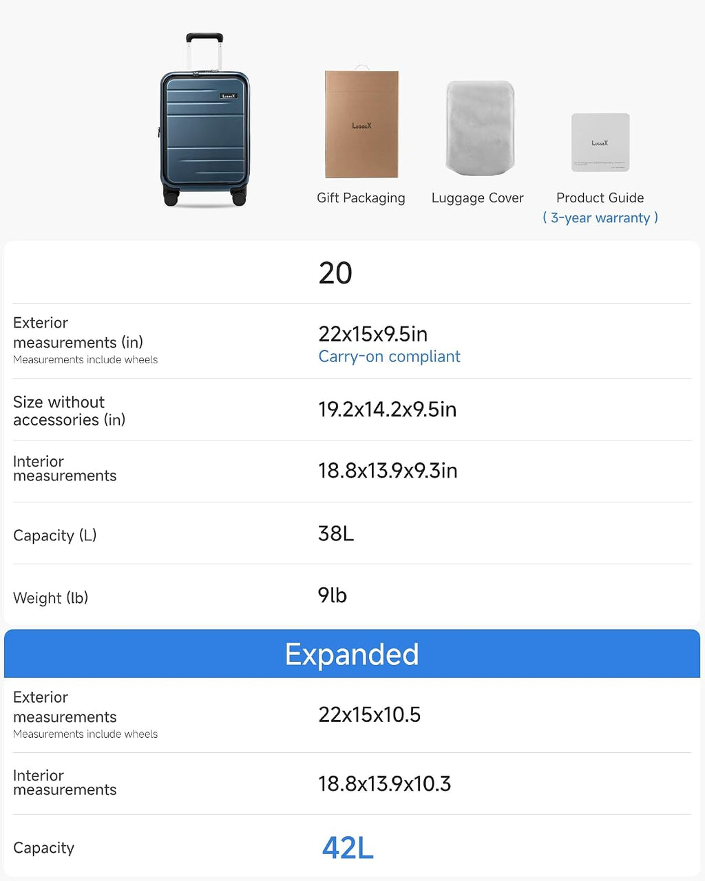 LUGGEX Carry On Luggage 22x14x9 Airline Approved, Expandable Polycarbonate Suitcase with Front Pocket (FX-Core, Blue, 20 Inch)