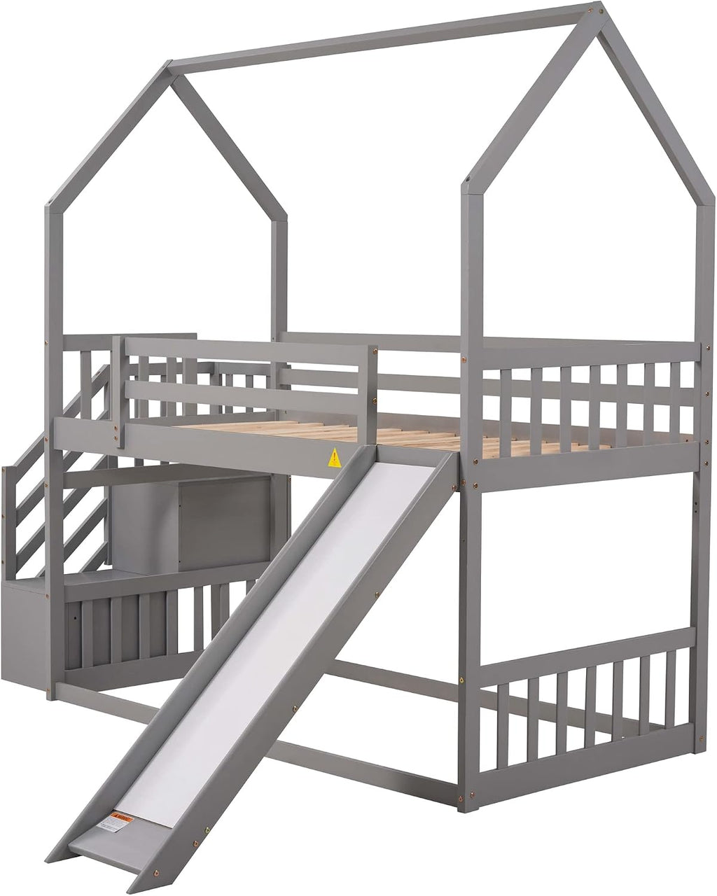 Wood House Bunk Bed for Kids Toddlers, Twin Over Twin Bunk Bed with Convertible Slide, Storage Staircase Can be Placed Left or Right, No Spring Box Required (Gray+House03)