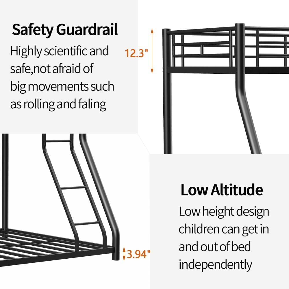 Twin Over Full Metal Bunk Bed, with Ladder & Full-Length Guardrail for Teens Adults, Noise Free (Black + Metal + Twin)