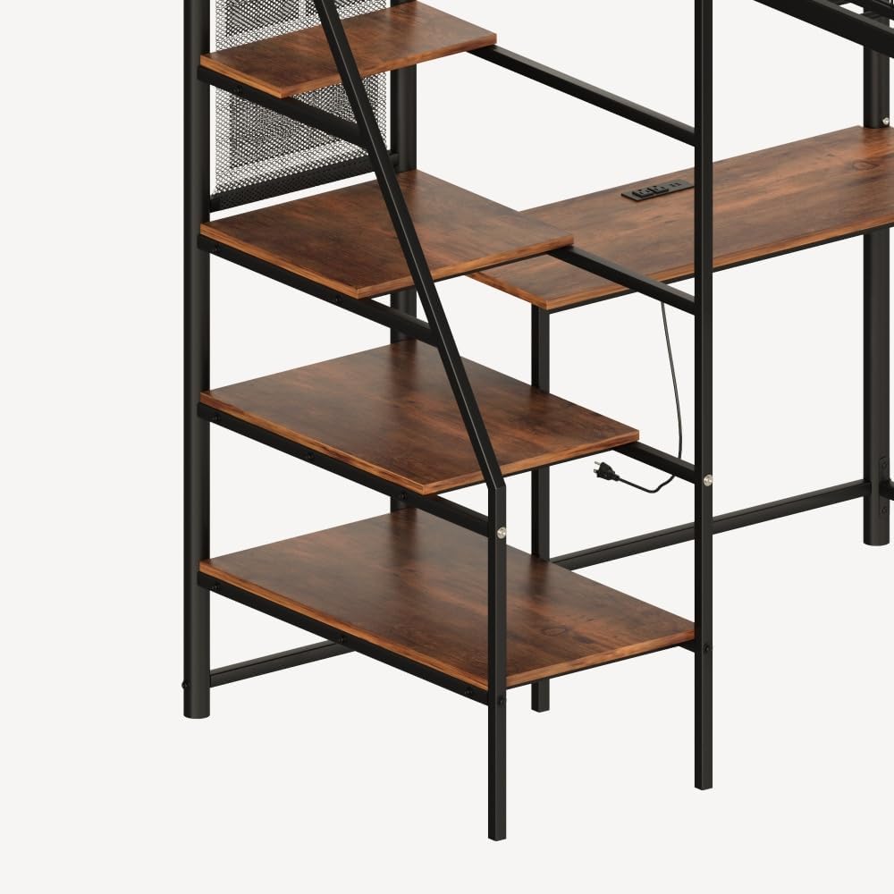 Twin Sized loft Metal Bed with Black for Bedroom and Dormitory, with Built-in Charging Station and LED Lighting (Black + Metal & Wood + Bedroom)