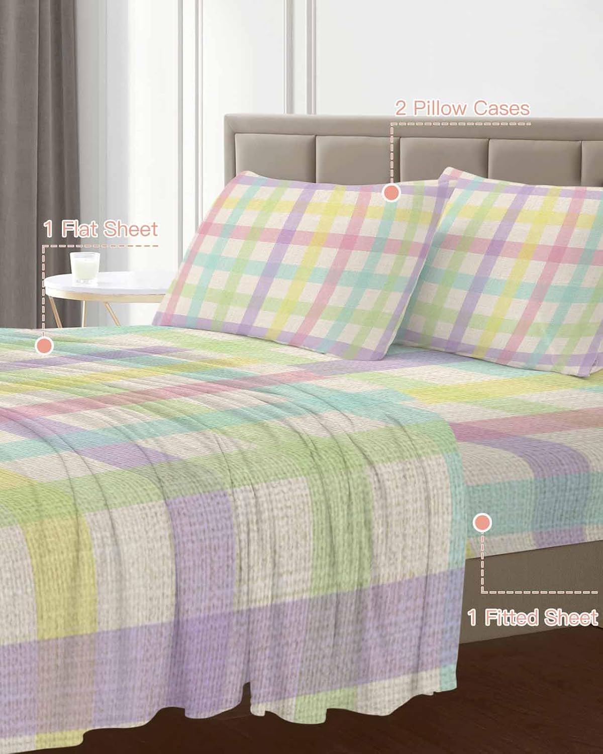 Green Beige Plaid Cal King Sheet Set 4 Piece Bedding - Farmhouse Art Checkered Rustic Breathable Comfy Cooling Bed Sheets & Pillowcase Sets, Hotel Luxury Flat Sheets Deep Pockets Fitted Sheet