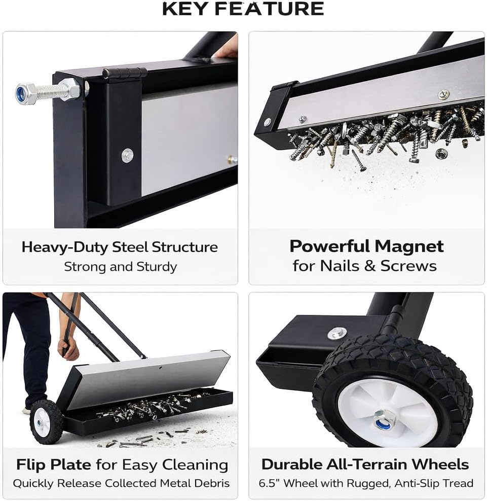 Magnetic Floor Sweeper with Release, 36-Inch Heavy Duty Push-Type Magnetic Pickup Sweeper for Nails Needles Screws Collection, 100-Pound Capacity