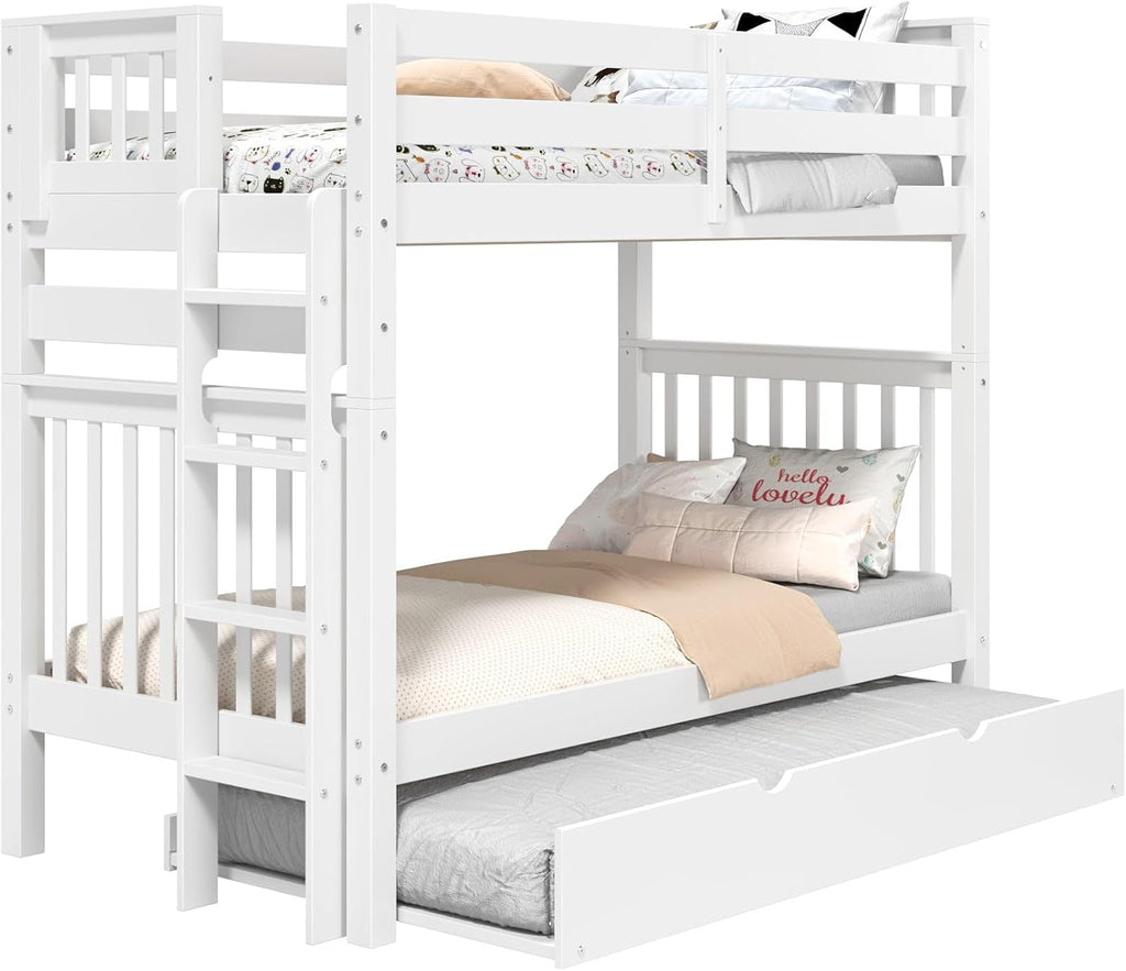 Bedz King Tall Bunk Beds Twin Over Twin Mission Style, End Ladder, Twin Trundle, White