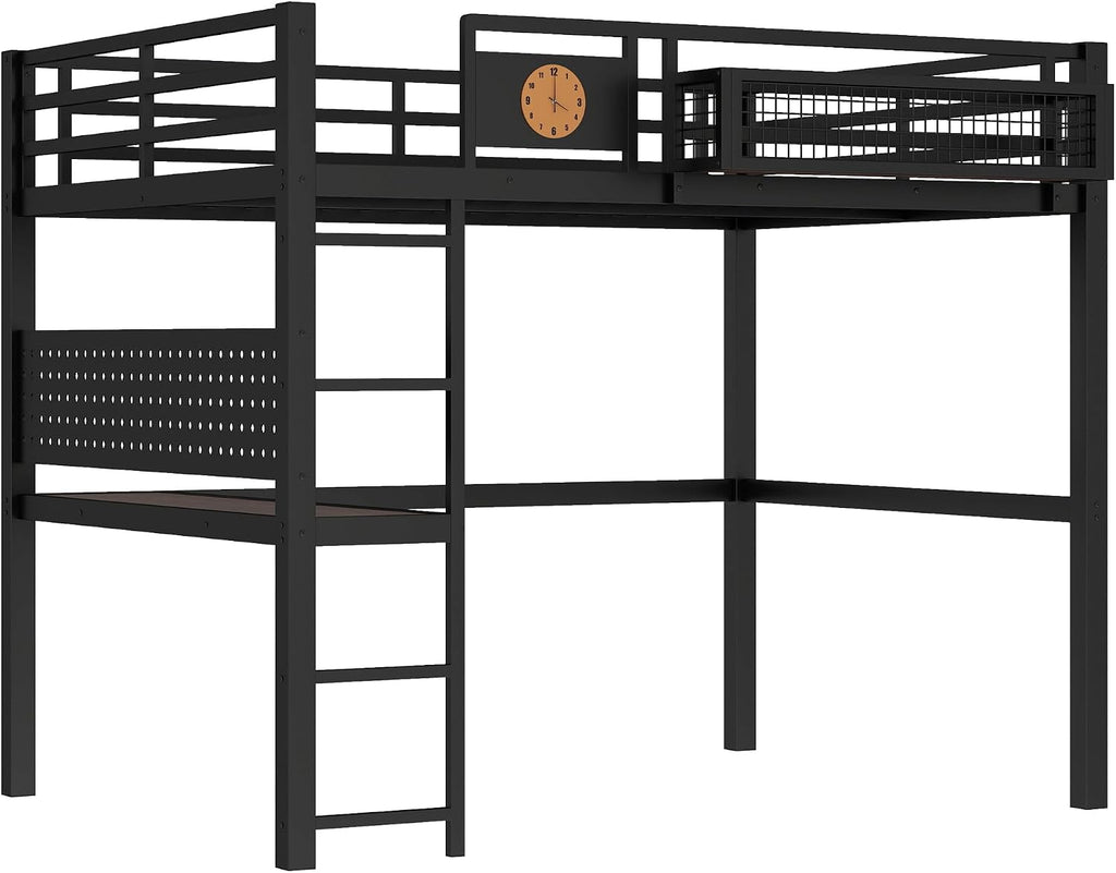 JIVOIT Full Size Metal Loft Bed Frame with Desk, Bedside Storage Basket, Side Clock Design, Pegboard, 68' H Metal Loft Bed with Slats Support, No Spring Box Needed