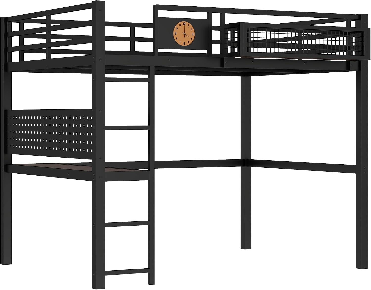 JIVOIT Full Size Metal Loft Bed Frame with Desk, Bedside Storage Basket, Side Clock Design, Pegboard, 68' H Metal Loft Bed with Slats Support, No Spring Box Needed