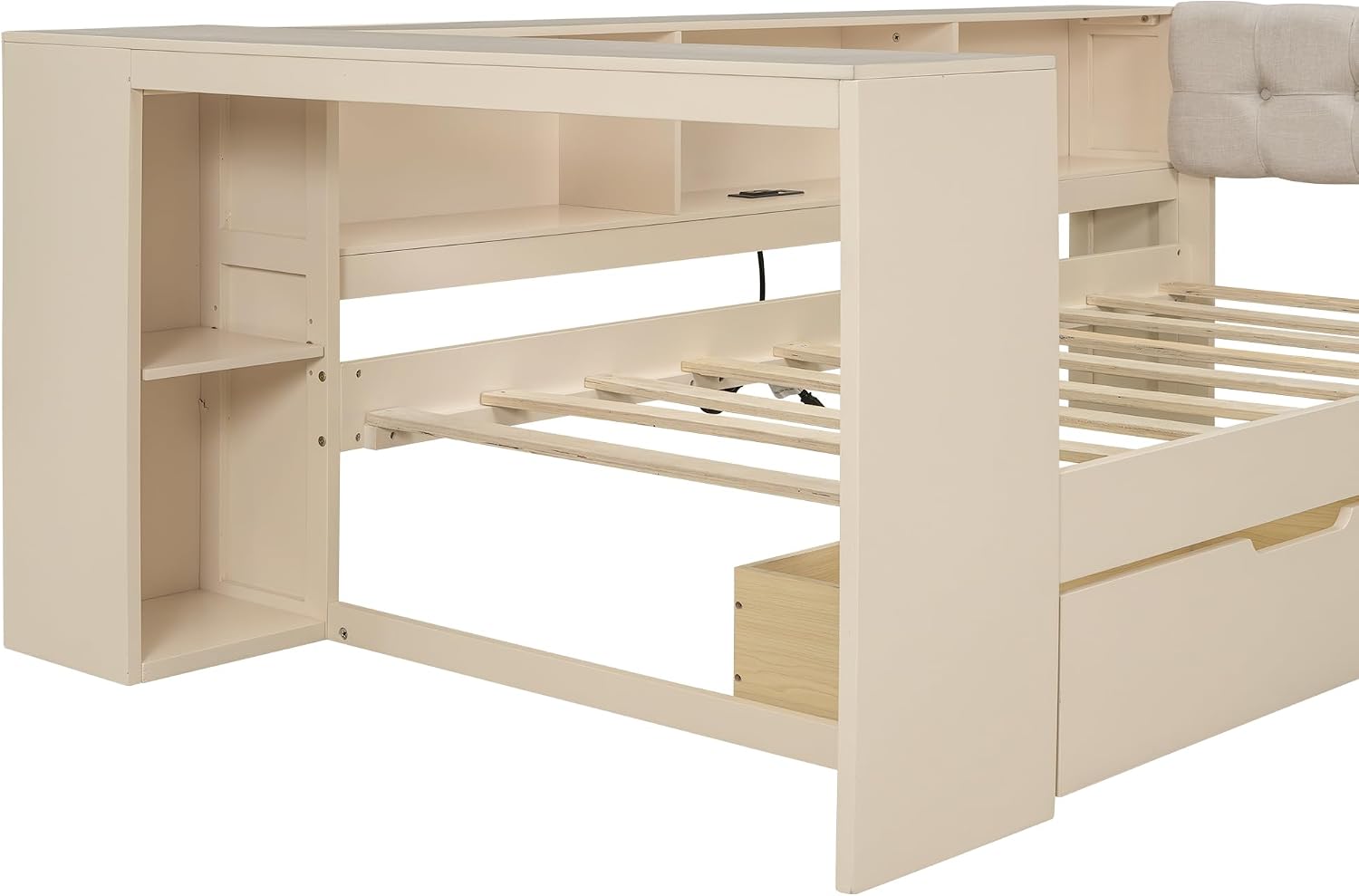 Twin Size Platform Bed with Storage Shelves and Study Desk, Wood Daybed Frame with Upholstered Headboard and 2 Drawers for Office/Living Room/Bedroom, Maximize Space