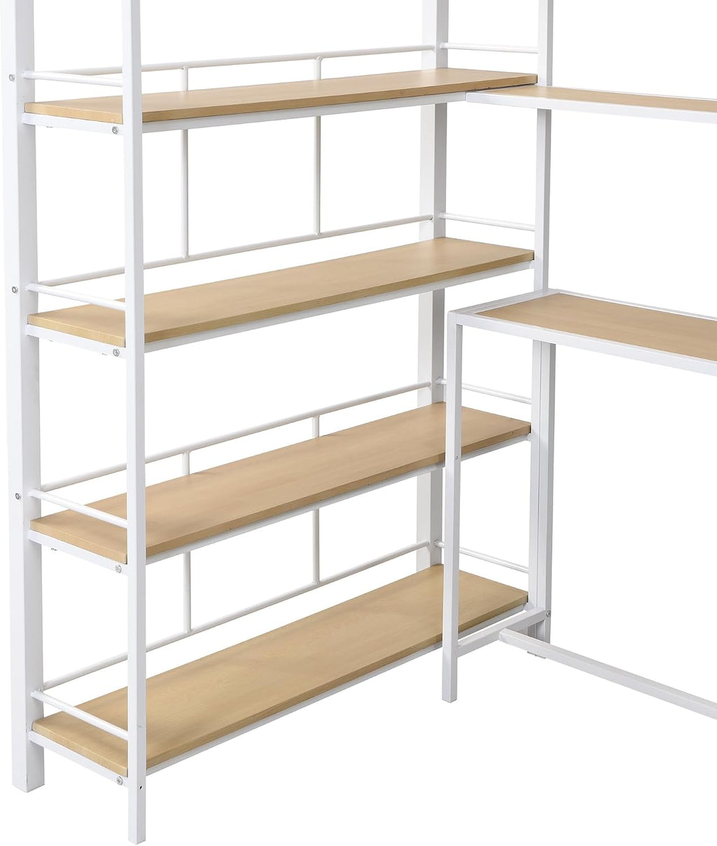 JIVOIT Metal Loft Bed with Storage Staircase, Twin Size Loft Bed with Built-in Desk and 3-Tier Storage Shelves, Space-Saving 3 in 1 Design Metal Loft Bed with Guardrails, No Box Spring Needed