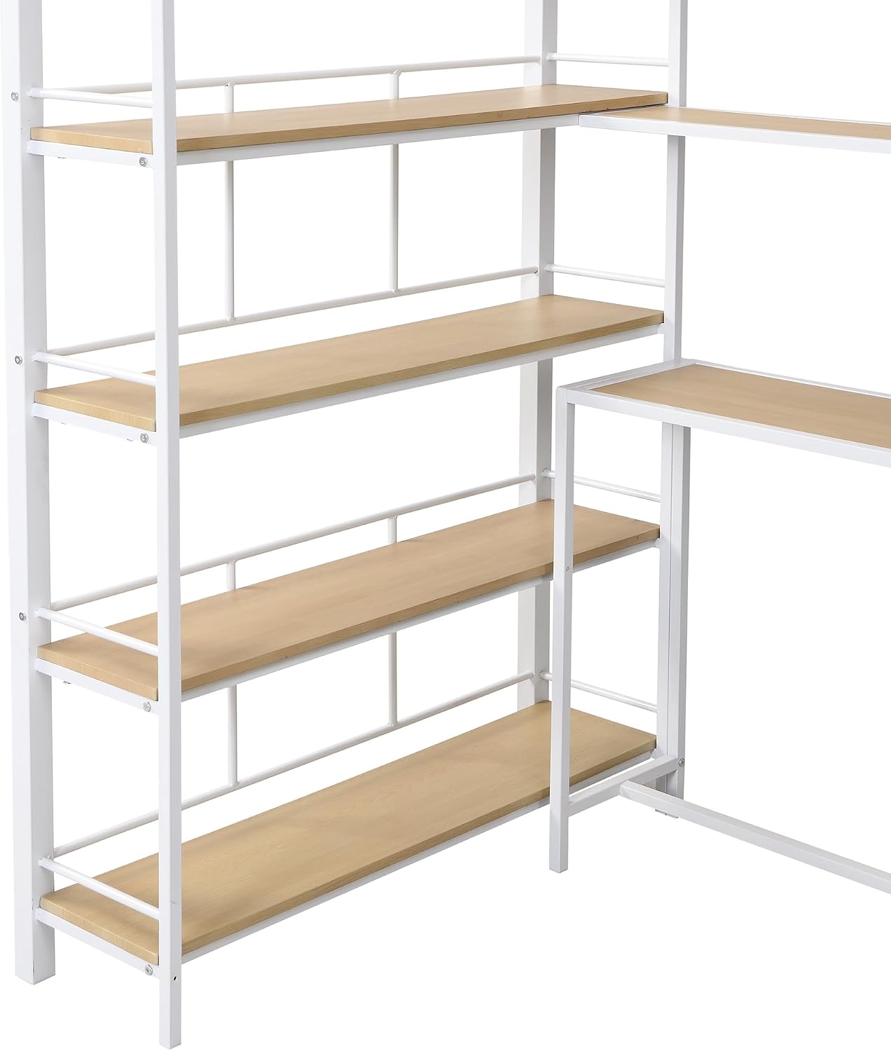 JIVOIT Metal Loft Bed with Storage Staircase, Twin Size Loft Bed with Built-in Desk and 3-Tier Storage Shelves, Space-Saving 3 in 1 Design Metal Loft Bed with Guardrails, No Box Spring Needed