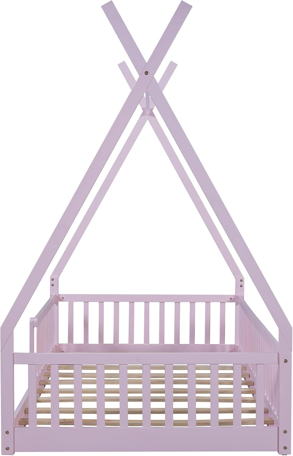 JIVOIT Twin Size Wood House Bed with Fence, House Platform Bed with Roof, Twin Montessori Bed Frame, Wood Slats Support, No Box Spring Needed (Pink/74)