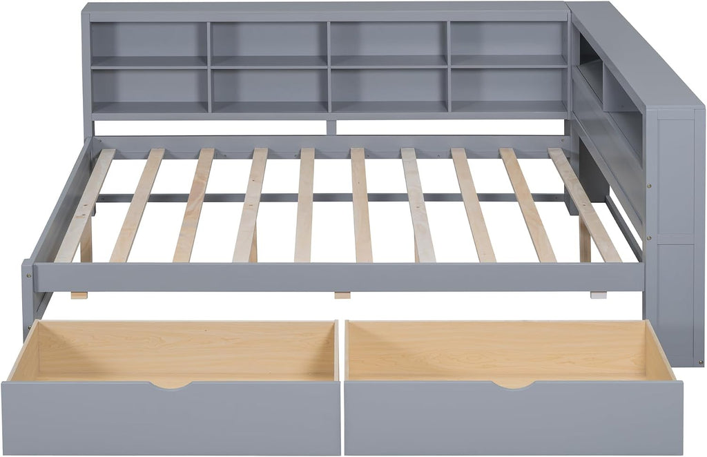 Full Size Daybed with 2 Drawers,Minimalist Wooden Sofa Bed Frame with Storage Shelf and USB Charging Ports for Bedroom, Studyroom, Guestroom, Livingroom (Grey-WD54)