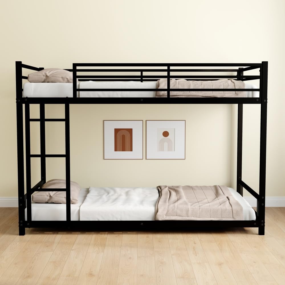 Twin Over Full Metal Bunk Bed, with Ladder & Full-Length Guardrail for Teens Adults, Noise Free (Black + Metal + Metal)