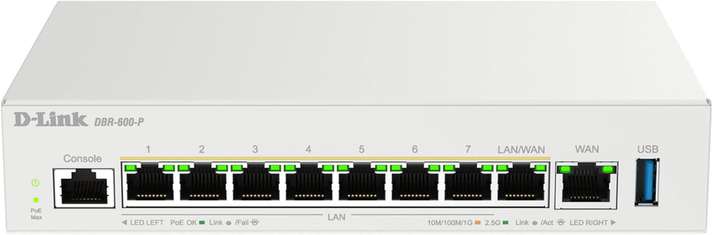 D-Link Guardian 600 PoE Multi-Gig Business Router (DBR-600-P), Premium Router with Multi-WAN Failover, SPI Firewall, 8X 2.5GbE PoE+ LAN, VPN