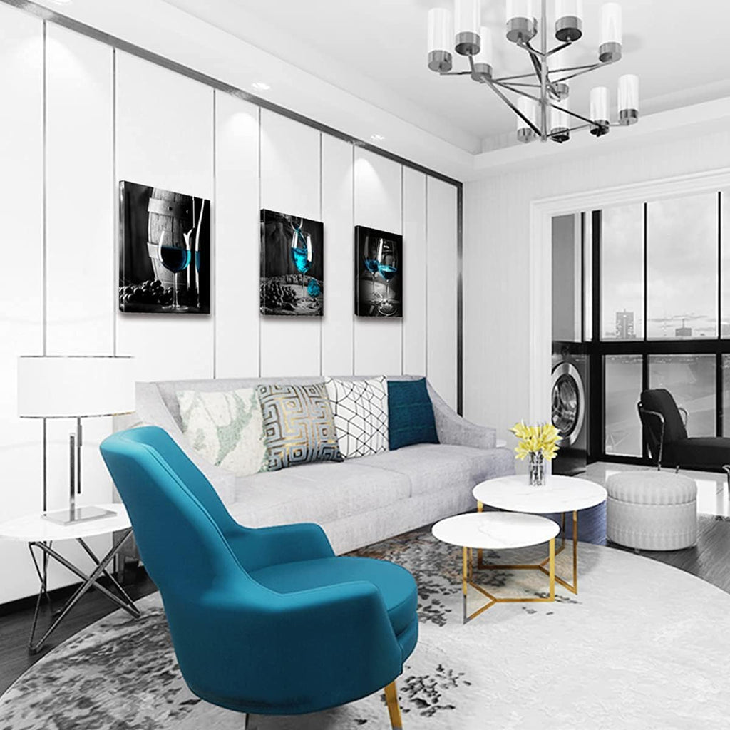 3 Panel Wine Glass Pictures Wall Decor Teal Blue Wall Art for Kitchen Bar Turquoise Home Decorations, Black and White Cask Barrel Pictures Retro Gray Posters Framed Canvas Prints Dining Room 20x28'