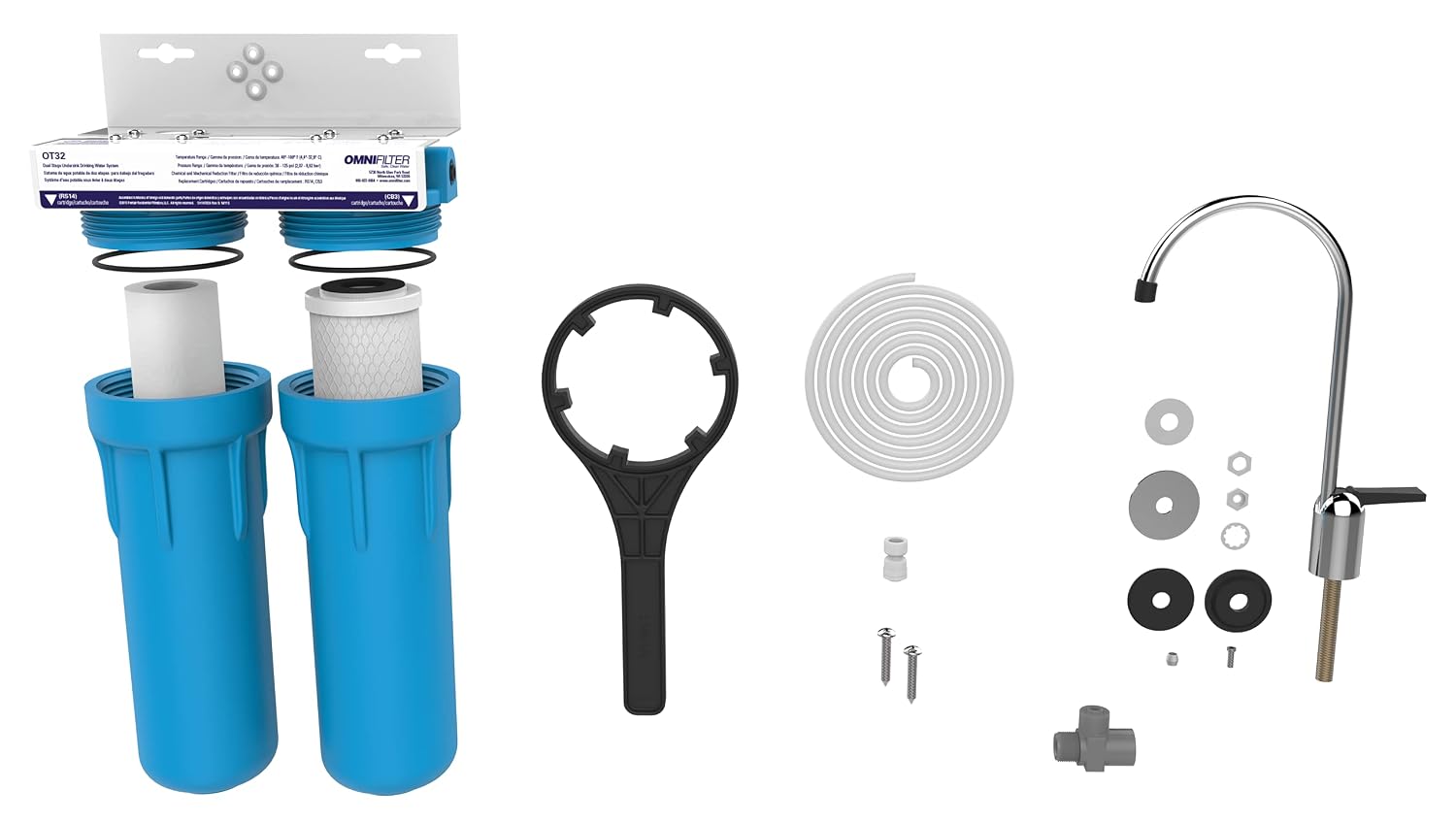 Pentair OMNIFIlter OT32 Water Filtration System, 10' Premium Dual-Stage Undersink Filter System, NSF Certified to Reduce PFOA/PFOS, Includes Dual Housings, RS14 and CB3 Cartridges and All Hardware