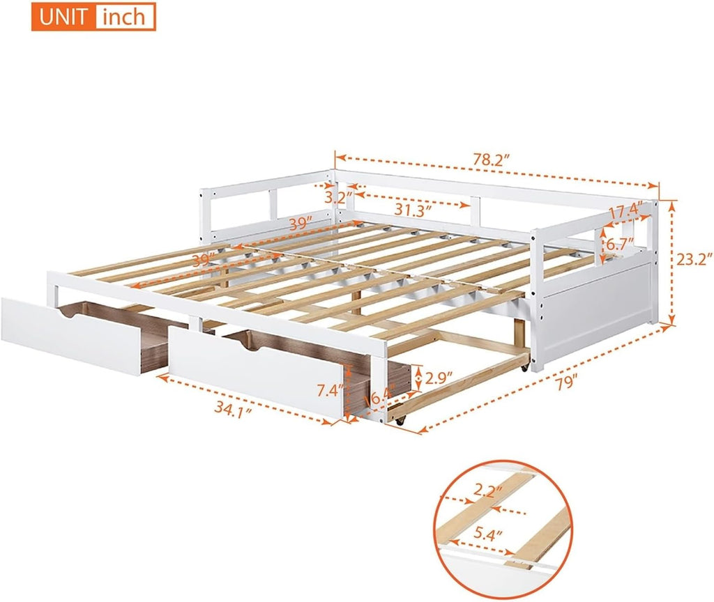 Twin Bed Frame White, Bed Set for Men with 2 Storage Drawers with Solid Wood Slats Daybed for Bedroom Living Room
