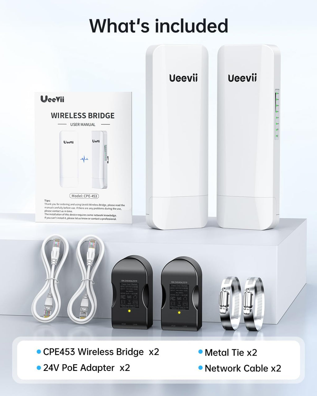 Wireless Bridge Point to Point Outdoor: Ueevii 5.8GHz Dual 100Mbps WiFi Bridge, 2KM Range CPE for Network Extend, PoE Adapter, IP65 Weatherproof, CPE453 for Starlink Garage Barn Shop