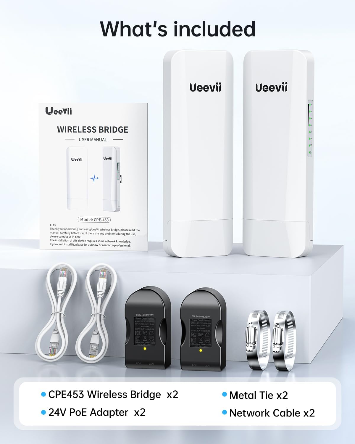 Wireless Bridge Point to Point Outdoor: Ueevii 5.8GHz Dual 100Mbps WiFi Bridge, 2KM Range CPE for Network Extend, PoE Adapter, IP65 Weatherproof, CPE453 for Starlink Garage Barn Shop