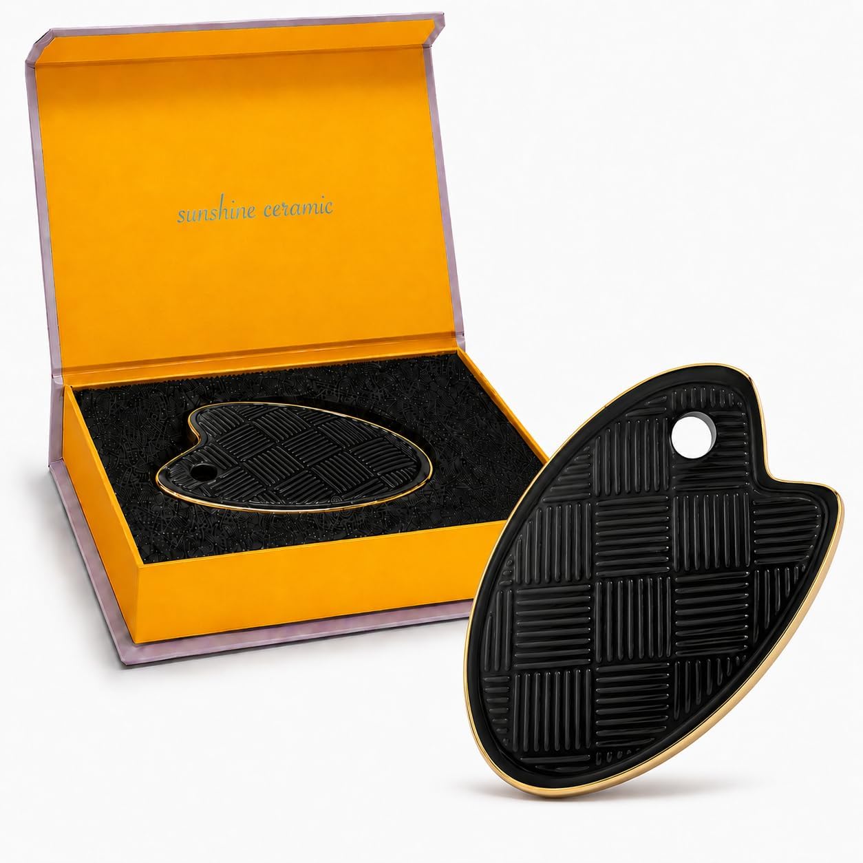 Gua Sha Facial Tool, Made with Premium Gold and Natural Ceramic Stone Face Massager for Jawline Sculpting, Puffiness & Lymphatic Drainage, Guasha Skin Care Tool for Women (Black)