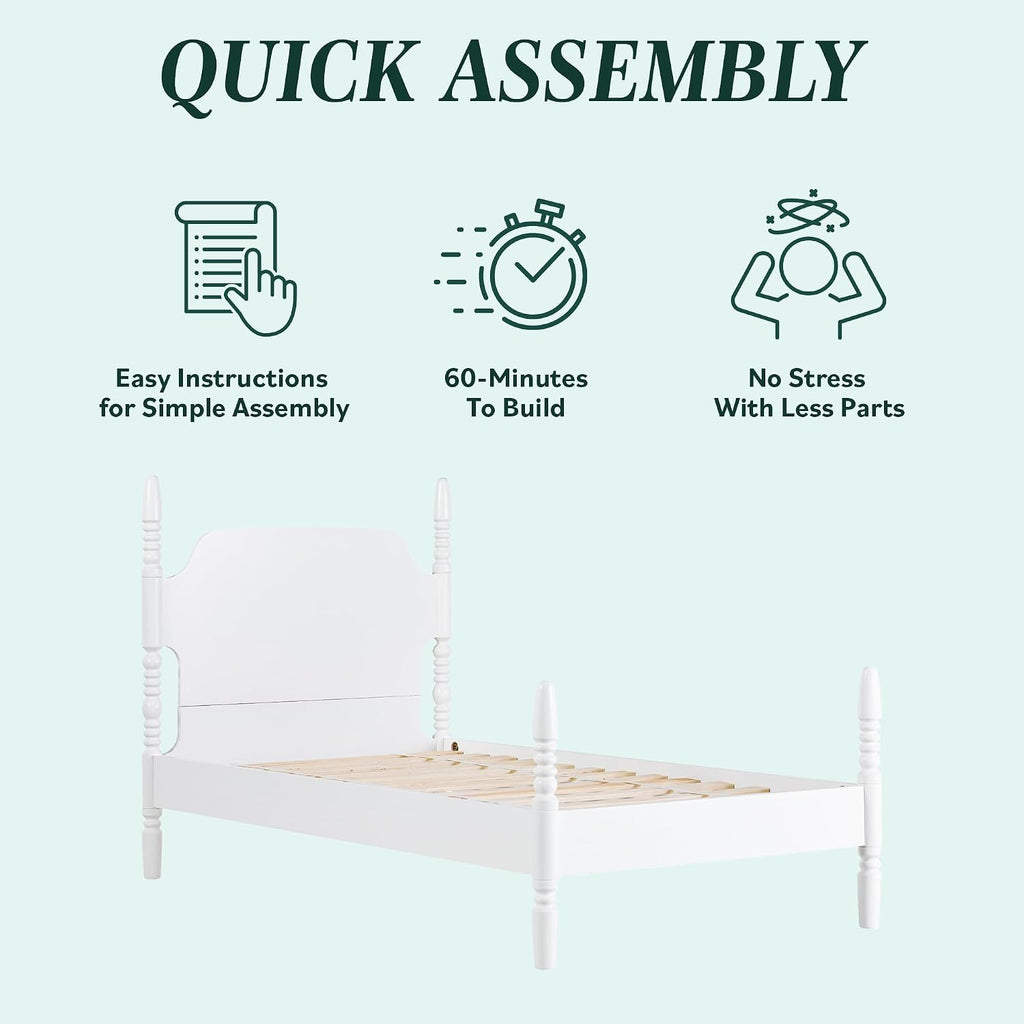 Walker Edison EZ Assembly Traditional Wood White Spindle Bed, Vintage Bed Frame, No Box Spring Required, Twin Bed Frame with Headboard, Twin Size, White