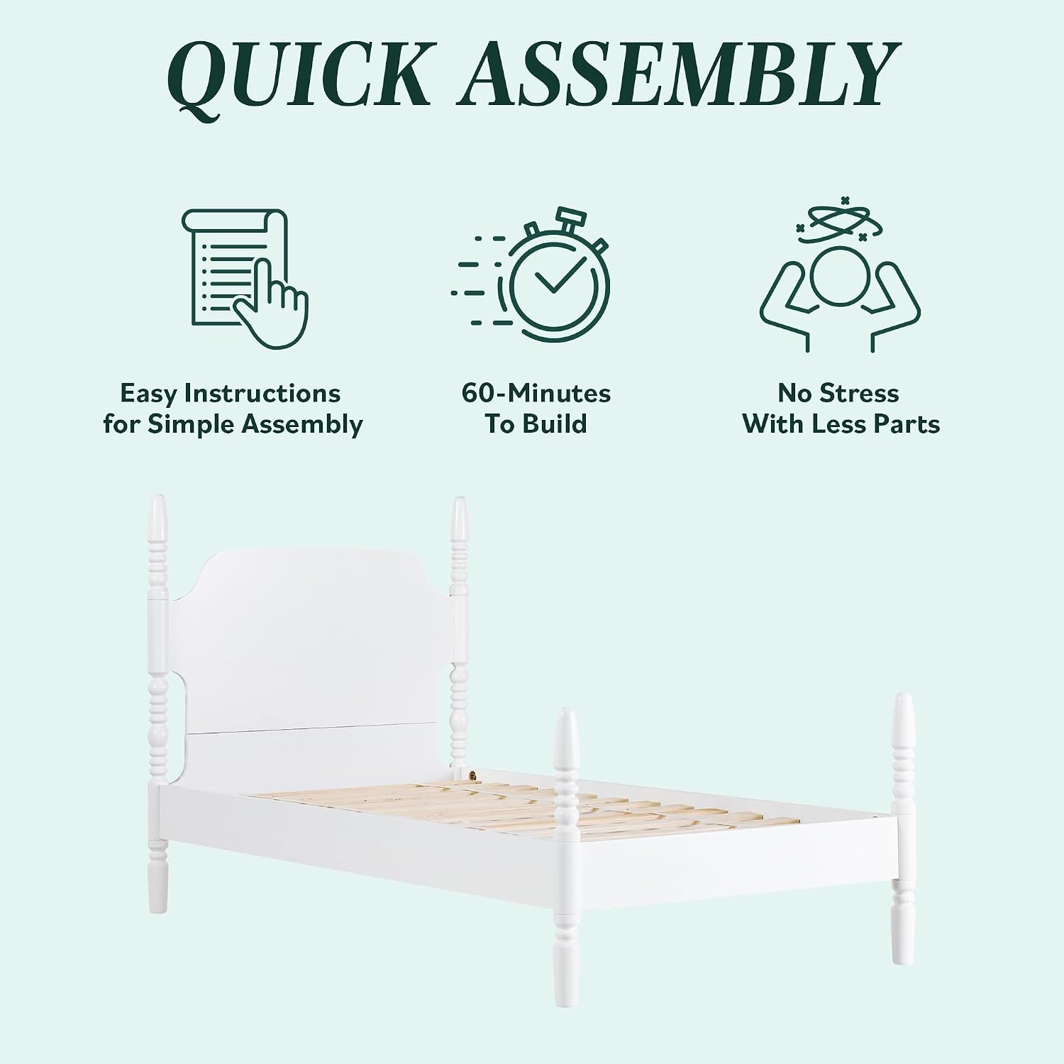 Walker Edison EZ Assembly Traditional Wood White Spindle Bed, Vintage Bed Frame, No Box Spring Required, Twin Bed Frame with Headboard, Twin Size, White