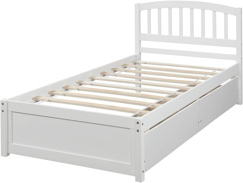 Twin Size Bed with Storage Drawers, Wooden Twin Platform Bed with Slat Support, Solid Wood Bed Frame for Kids Teens Adults (White)