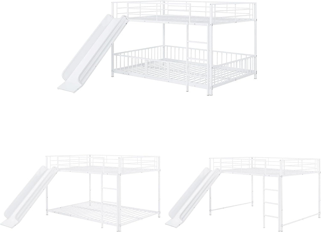 JIVOIT Metal Bunk Bed Frame with Slide and Ladder, Full Over Full Bunk Bed Size with Metal Slats Support, Full-Length Guardrail, Heavy Duty Metal Low Bunk Bed, No Box Spring Needed (White,Full,09)