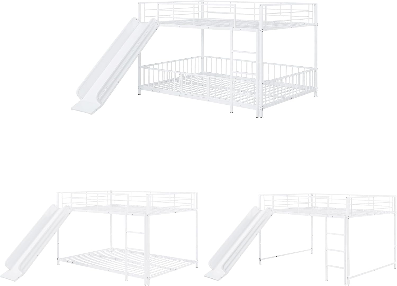 JIVOIT Metal Bunk Bed Frame with Slide and Ladder, Full Over Full Bunk Bed Size with Metal Slats Support, Full-Length Guardrail, Heavy Duty Metal Low Bunk Bed, No Box Spring Needed (White,Full,09)