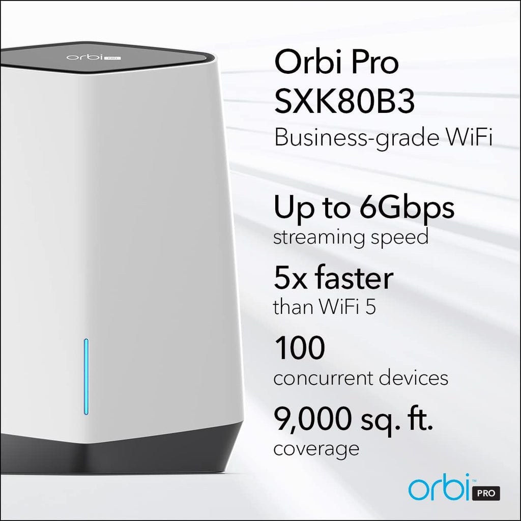 NETGEAR Orbi Pro WiFi 6 Tri-Band Mesh System for Business or Home (SXK80B3) - Router with 2 Satellite Extenders | 4 SSIDs, VLAN, QoS | Coverage up to 9,000 sq. ft., 80 Devices | AX6000 (Up to 6Gbps)