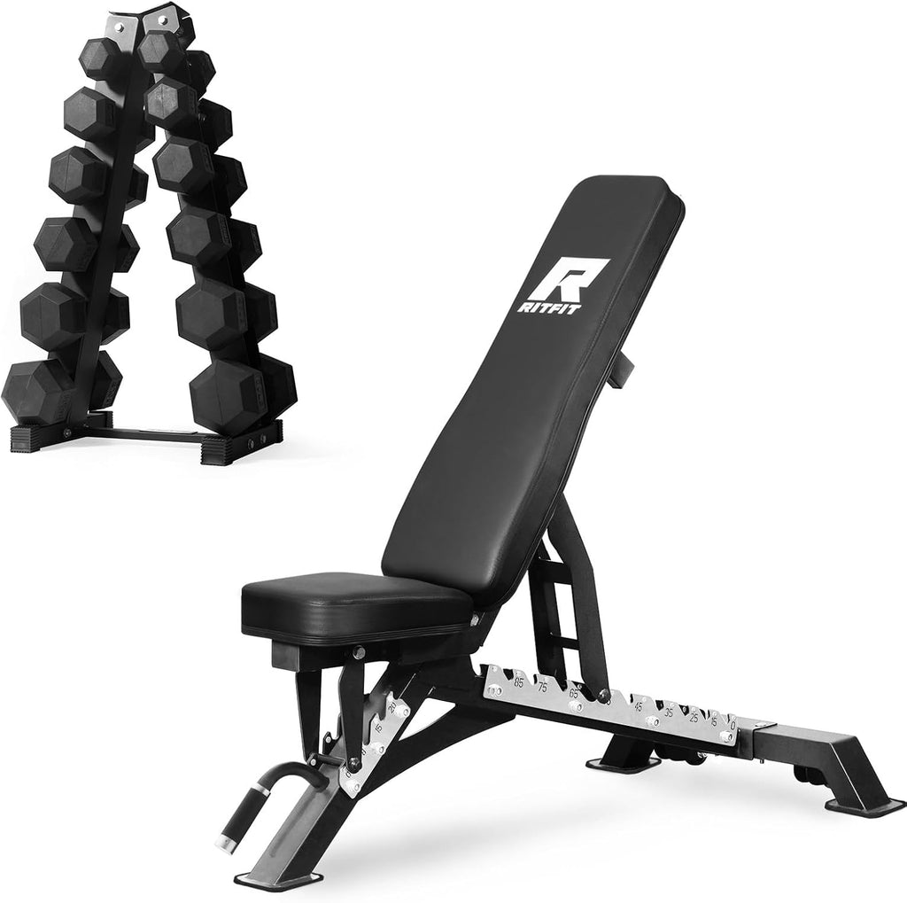 RITFIT 300/350/650LBS Rubber Coated Hex Dumbbell Set with Rack and Multi-Position Weight Bench, 1300LB Capacity for Full Body Workout