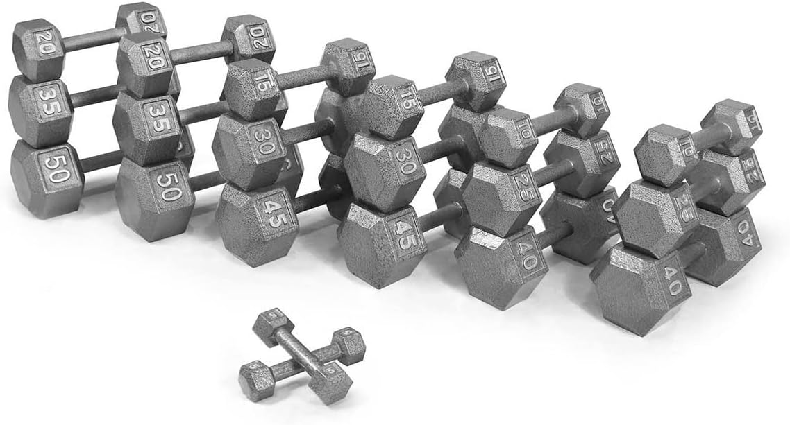 WF Athletic Supply Cast Iron Dumbbell Set, Solid Hexagon Grey Dumbbell Set, Strength Training Free Weights for Women & Men