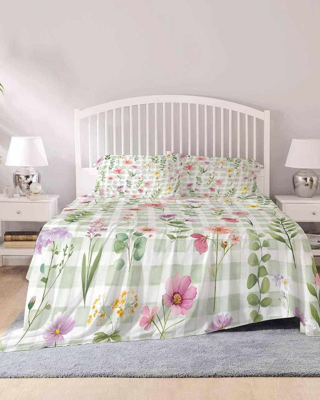 Spring Floral Cal King Sheet Set 4 Piece Bedding - Pink Flowers Green Plaid Pastoral Breathable Comfy Cooling Bed Sheets & Pillowcase Sets, Hotel Luxury Flat Sheets Deep Pockets Fitted Sheet