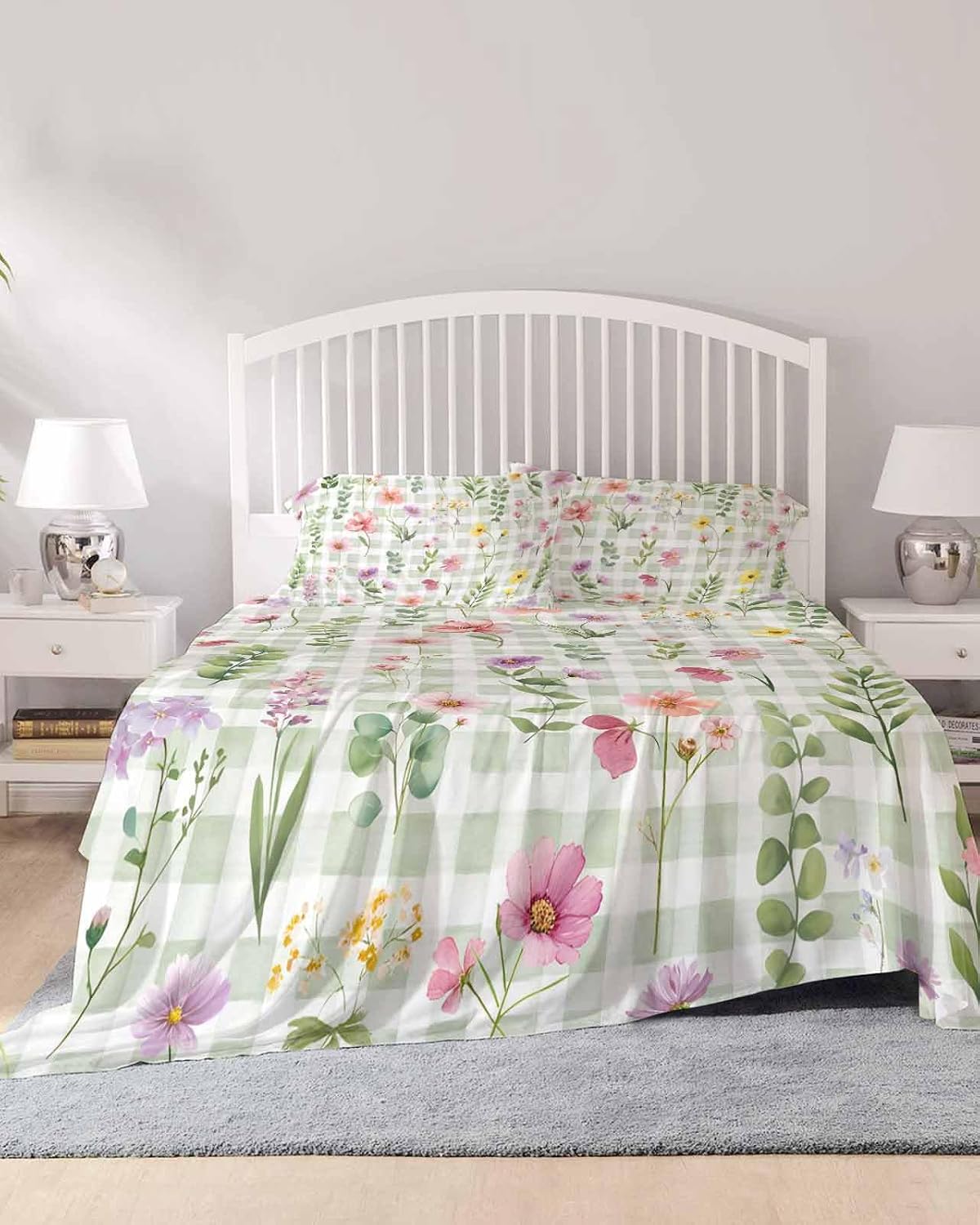 Spring Floral Cal King Sheet Set 4 Piece Bedding - Pink Flowers Green Plaid Pastoral Breathable Comfy Cooling Bed Sheets & Pillowcase Sets, Hotel Luxury Flat Sheets Deep Pockets Fitted Sheet