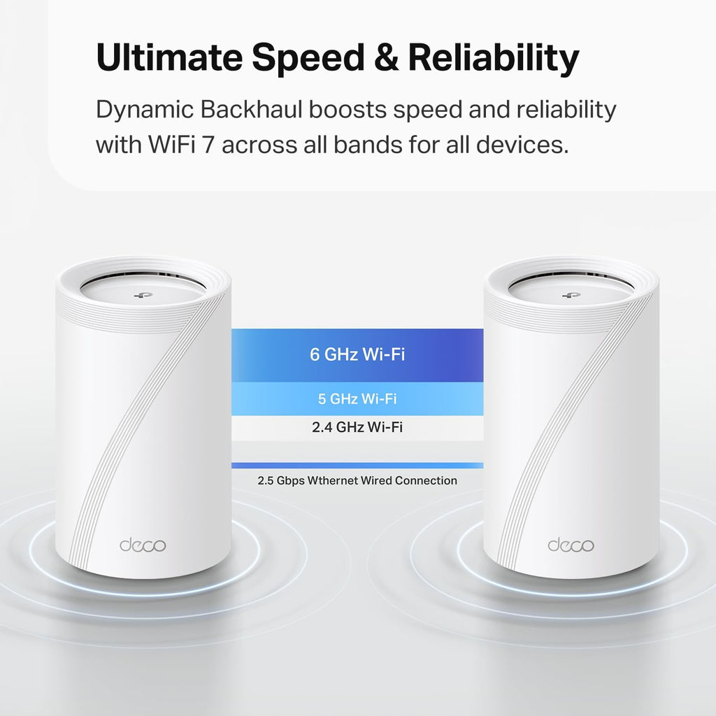 TP-Link Deco 7 Pro BE63 Tri-Band WiFi 7 BE10000 Whole Home Mesh System- 6-Stream 10 Gbps, 4X 2.5G Ports Wired Backhaul, 4X Smart Internal Antennas, VPN, HomeShield, Free Expert Support (1-Pack)