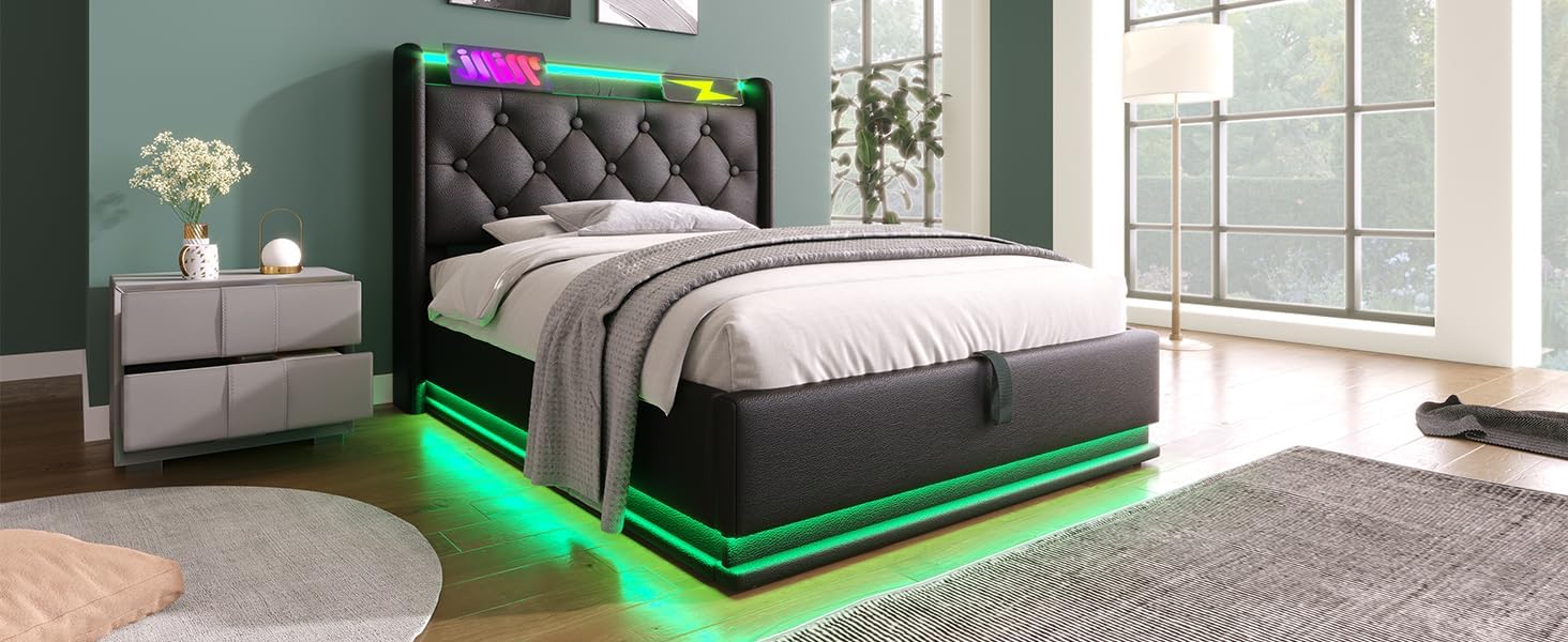Twin Size Upholstered Bed Frame with 360° LED Lights, Hydraulic Storage, USB Charging, Modern Platform Bed with Headboard, Remote App Control for Teen, Guest Room, Small Space (Black + Twin)